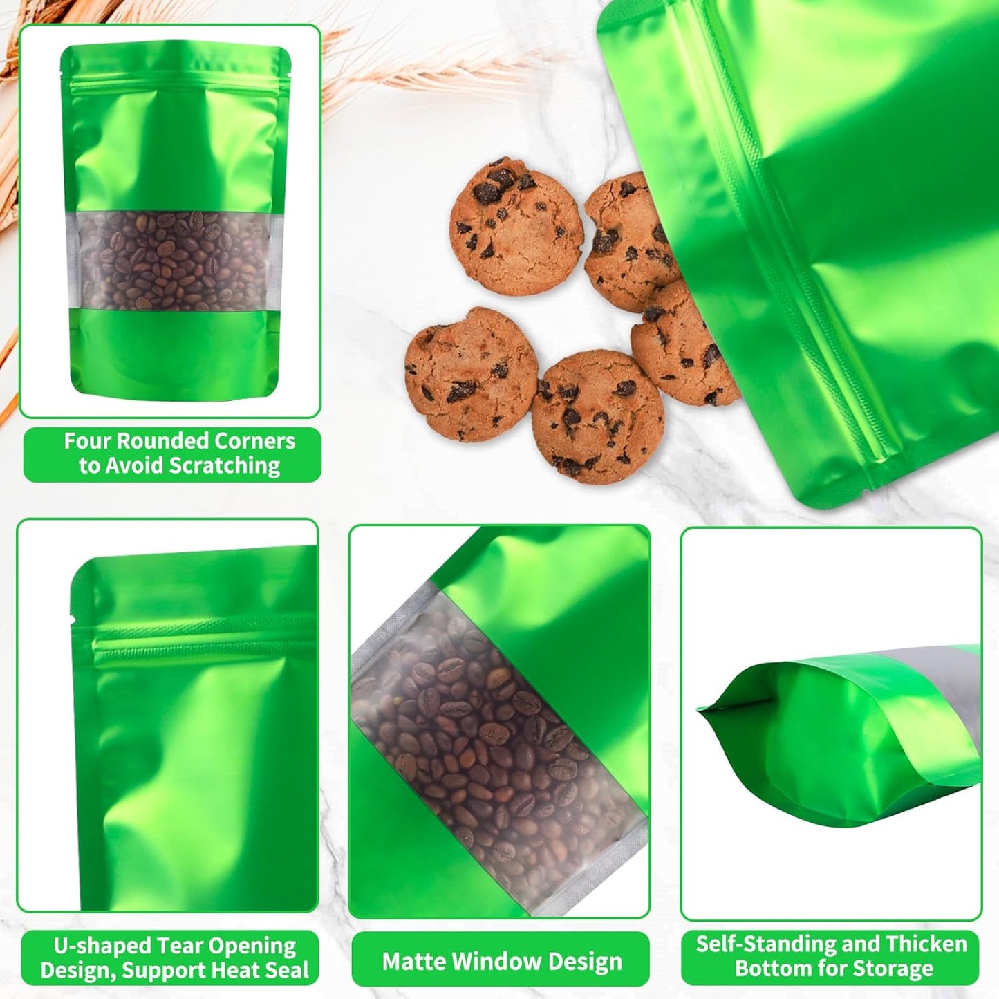 100 Pack Green Smell Proof Bags, Resealable Mylar Bags with Matte Window, Foil Pouch Stand Up Sealable Bags for Packaging, 7.08×10.23 Inch