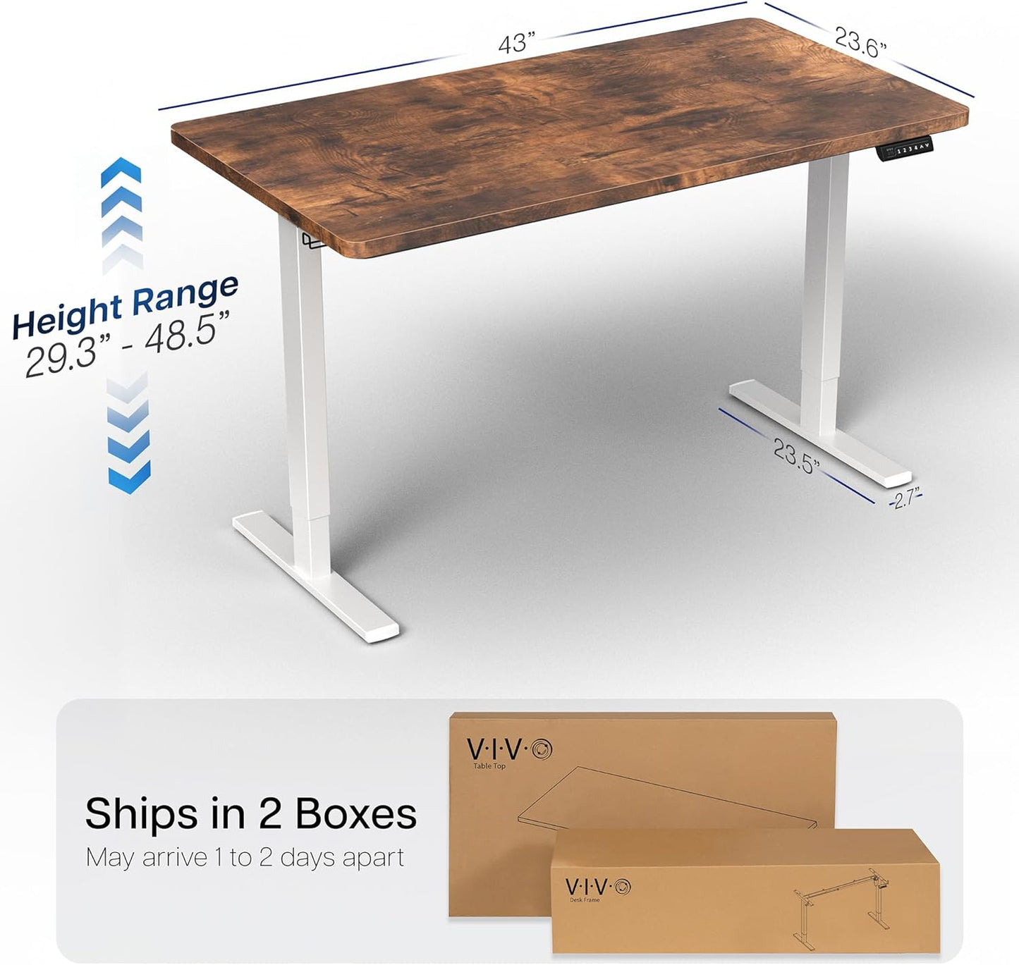 VIVO Electric 43 x 24 in Rustic Standing Desk, Memory Height Adjustment, 1B Series, One-Piece Vintage Brown Top, White Frame, DESK-KIT-1W4N