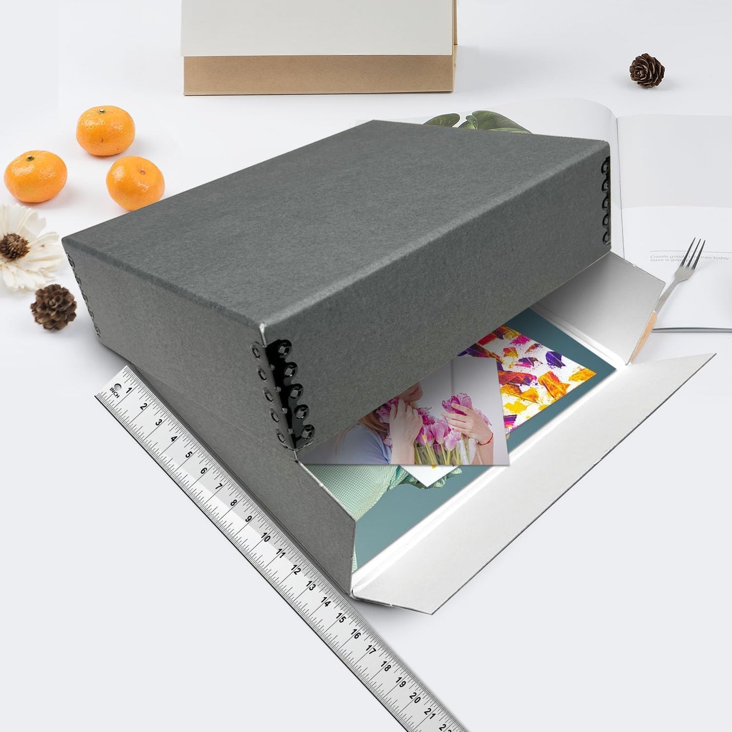 Lineco Museum Archival Storage Box, 14.75x18.75x3 in. Drop Front Design. Acid-Free with Metal Edge. Organize Photos, Pictures, Prints, Documents, Crafts, DIY. Gray, 1 Pack