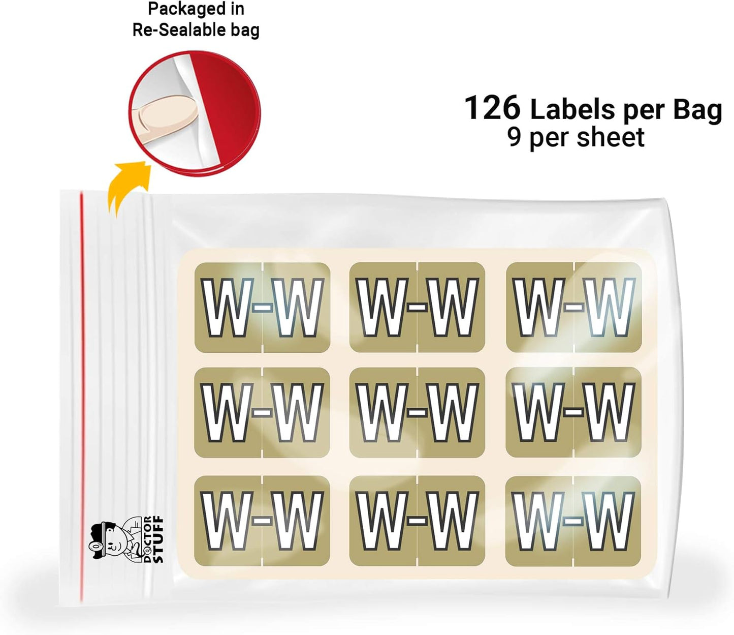 Doctor Stuff - File Folder Labels, Alphabet Letter W, Barkley/Sycom FABKM - BRAM Series Compatible Alpha Stickers, Gold, 1" x 1-1/2", 126 Labels/Package