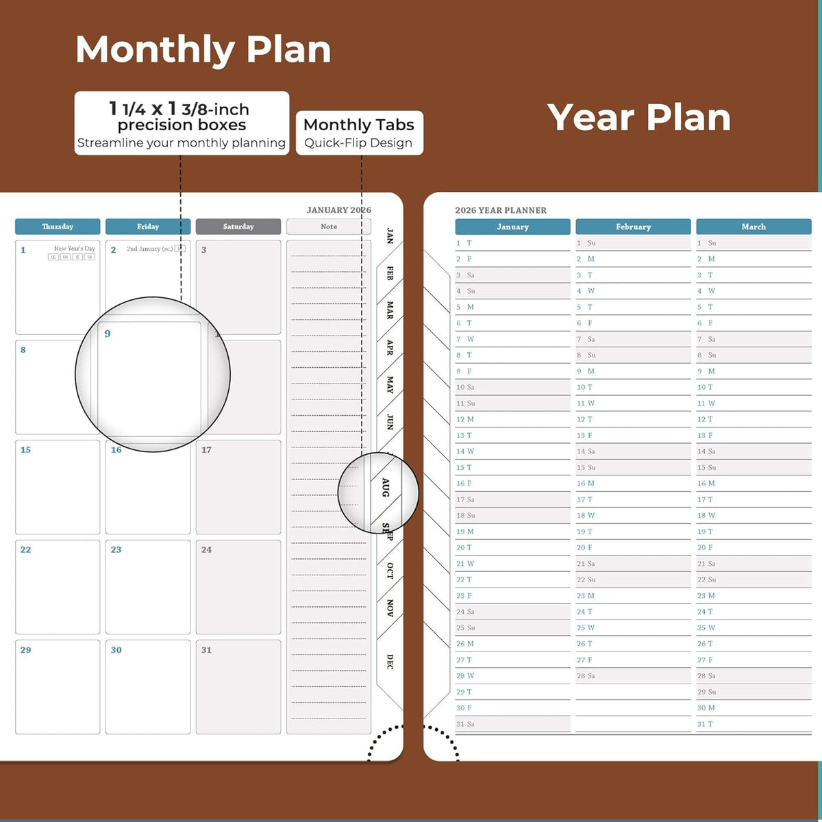 Planner 2026 Daily Weekly and Monthly,8.5"x6.5",12 Months Spiral Bound Calendar Agenda with Self-adhesive Pen Holder,2026 Appointment Book with Vegan Leather Soft Cover,Brown