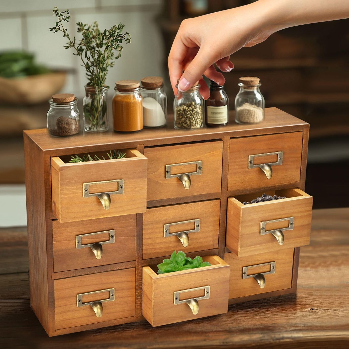 Flexzion Apothecary Cabinet with Drawers - 9 Vintage Apothecary Drawers Desktop Organizer for Home & Office - Wooden Tabletop Library Card Catalog Cabinet Storage for Jewelry, Makeup & Tools, Brown