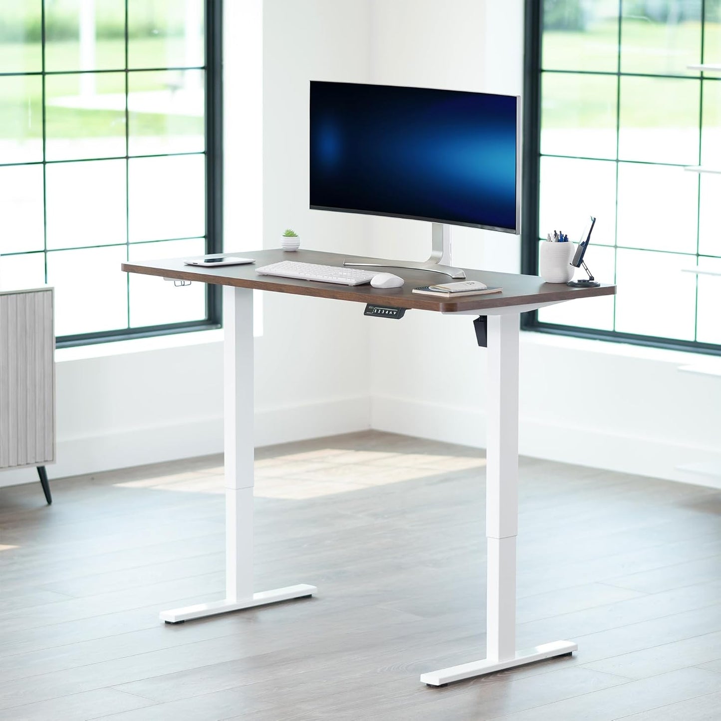 VIVO Electric 55 x 28 in Standing Desk, Memory Height Adjustment, 1B Series, One-Piece Rustic Vintage Brown Top, White Frame, DESK-KIT-1W55N