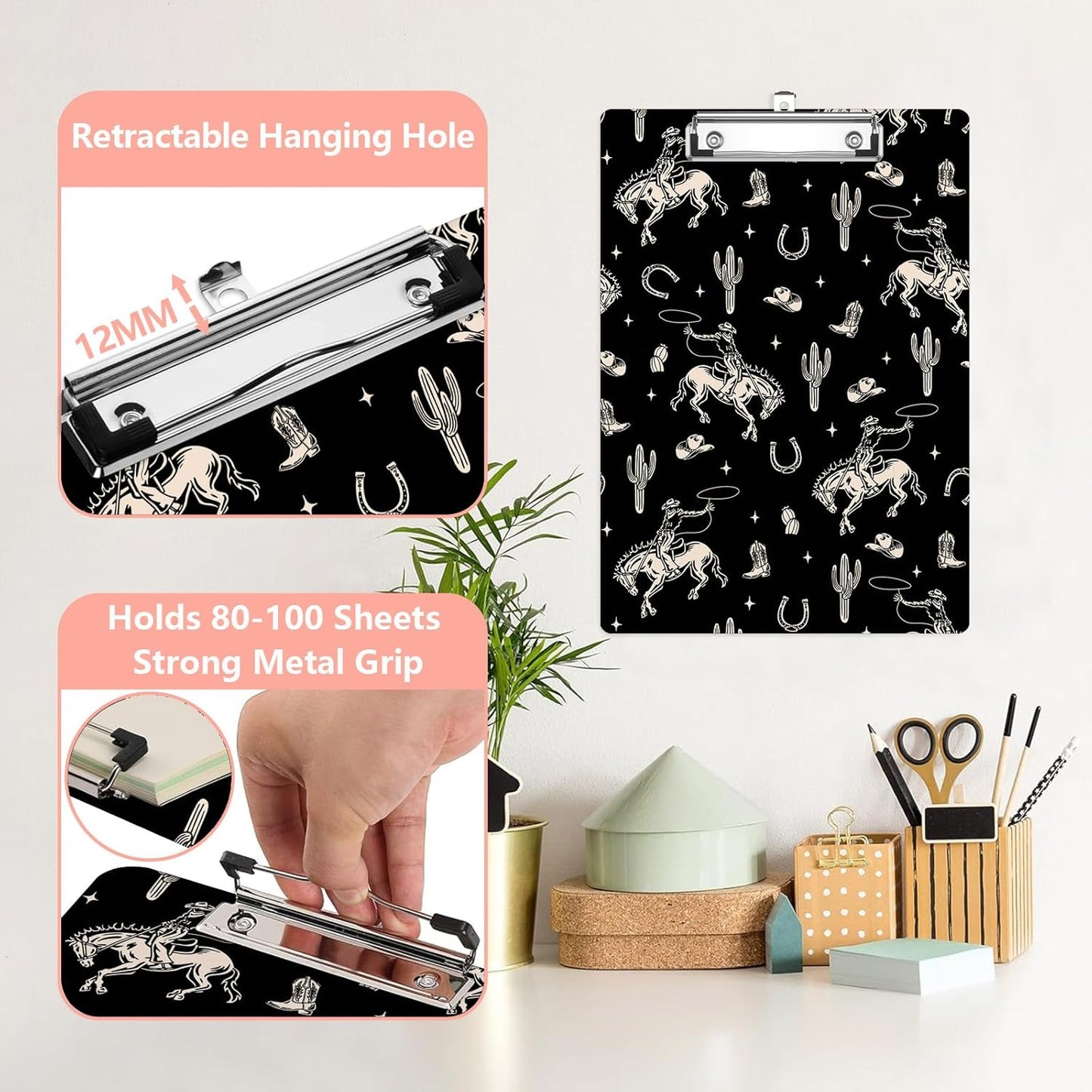 Western Cowboy Cactus Plastic Clipboards,Cute Fashion Clipboard Decorative 8.5" x 12.5"Standard A4 Size Clipboards,Acrylic Clipboard for Teacher,Social Worker,Students,Nurse,Office Supplies
