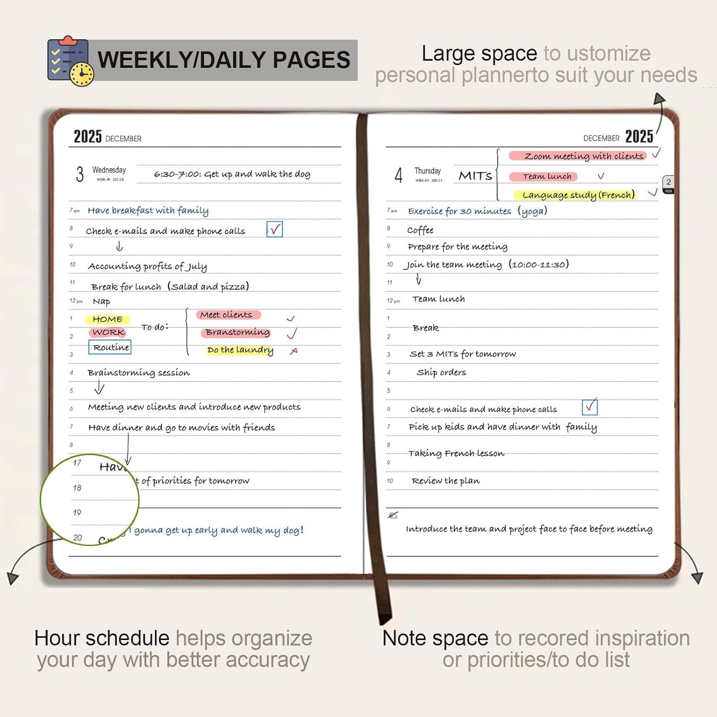 Daily Planner 2025-2026, Academic Planner 2025-2026 Weekly and Monthly Planner, Calendar Book with Hourly Schedule 8.5"x5.8", July 2025 to June 2026, Faux Leather Cover (Grey)