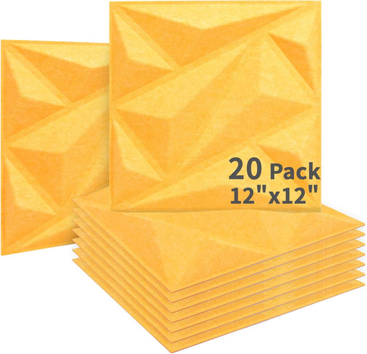 Art3dwallpanels Acoustic Panels 20 Pack Soundproof Wall Panels Sound Dampening Panels, 3D Wall Panels Sound Absorbing Panels, 12" X 12", Yellow with Tape
