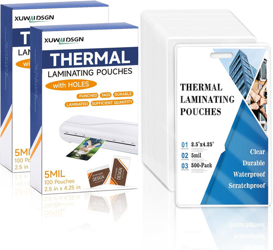 500 Pack 5mil 2.5“x4.2" Thermal Laminating Pouches Badge Laminate Pouches Clear Laminated Luggage Tags Printable Laminator Pouches for Business Permits Cards (500, 2.5" x 4.2"-5mil-with Holes)