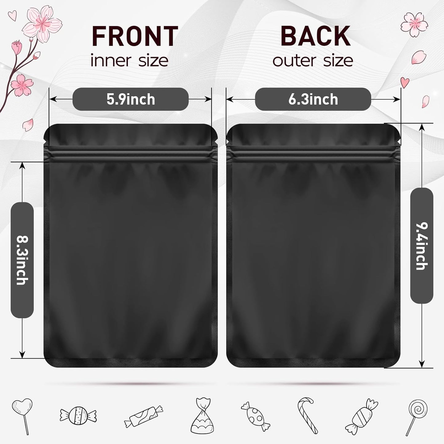 Funfery 100 Pack Black Mylar Packaging Bags Resealable Bags Double Sided Color Odor Proof Pouch Baggies Smell Proof Foil Bag for Food Storage,Small Business(Black,6.3x9.4inch)