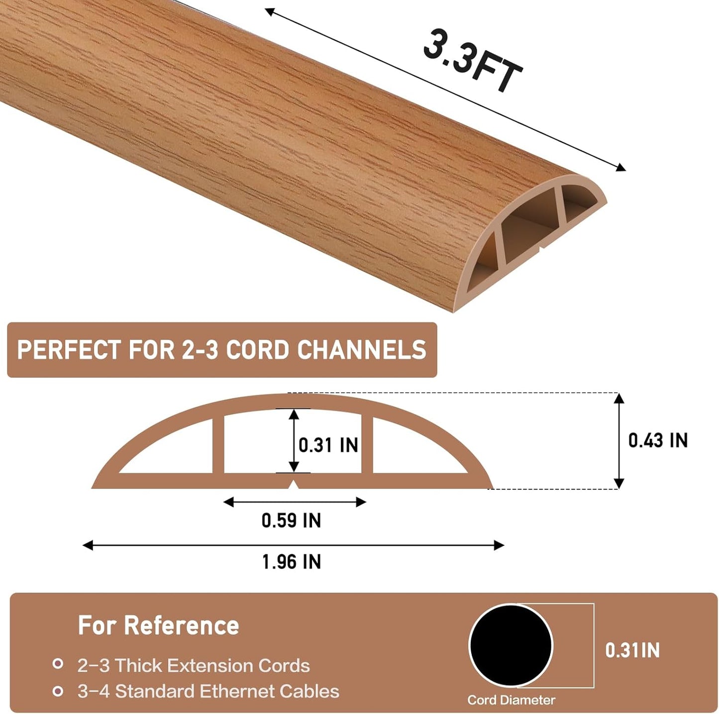 Floor Cord Cover Self Adhesive Cord Hider Floor Extension Cord Covers for Floor Power Cord Protector Cable Management Prevent Cable Trips Cable Cavity 0.59" W x 0.31" H (Light Brown Wood, 3.3Ft)