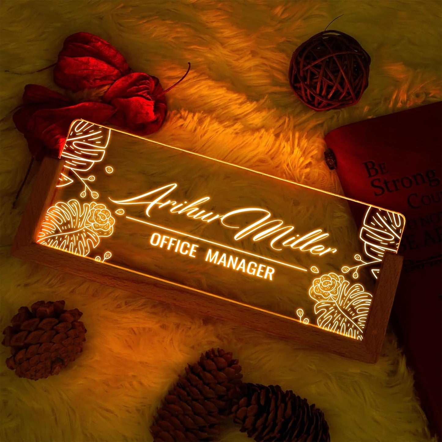 Custom Name Plate for Desk with Light Up Acrylic & Wooden Base - Personalized Office Sign for Teacher, Boss, Coworker - Employee Appreciation Gift for Educators Professionals