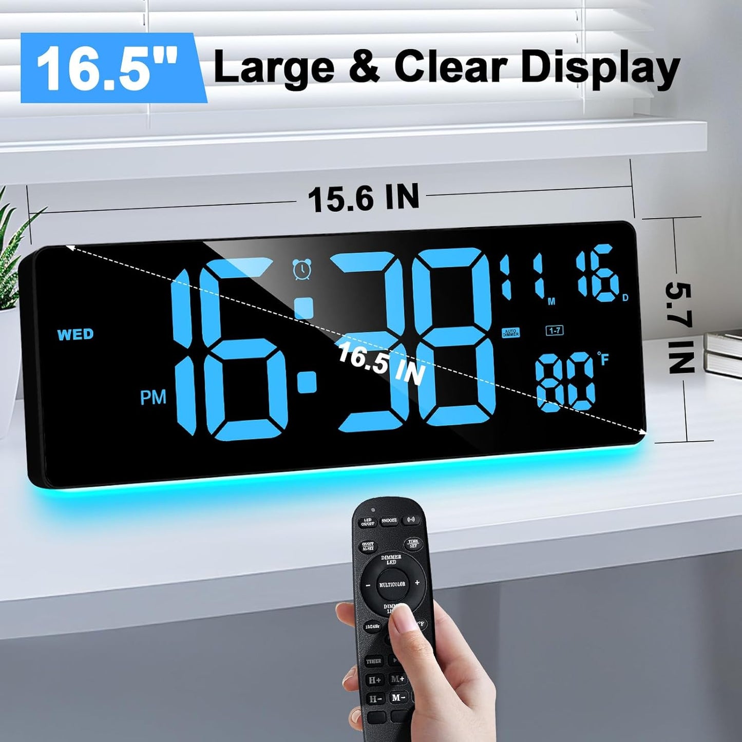 XREXS Digital Wall Clock Large Display, 16.5" LED Wall Clock with 6 Color Changes Night Lights, Auto DST, Count Up/Down Timer with Remote Control for Living Room Bedroom Office Wall Decor