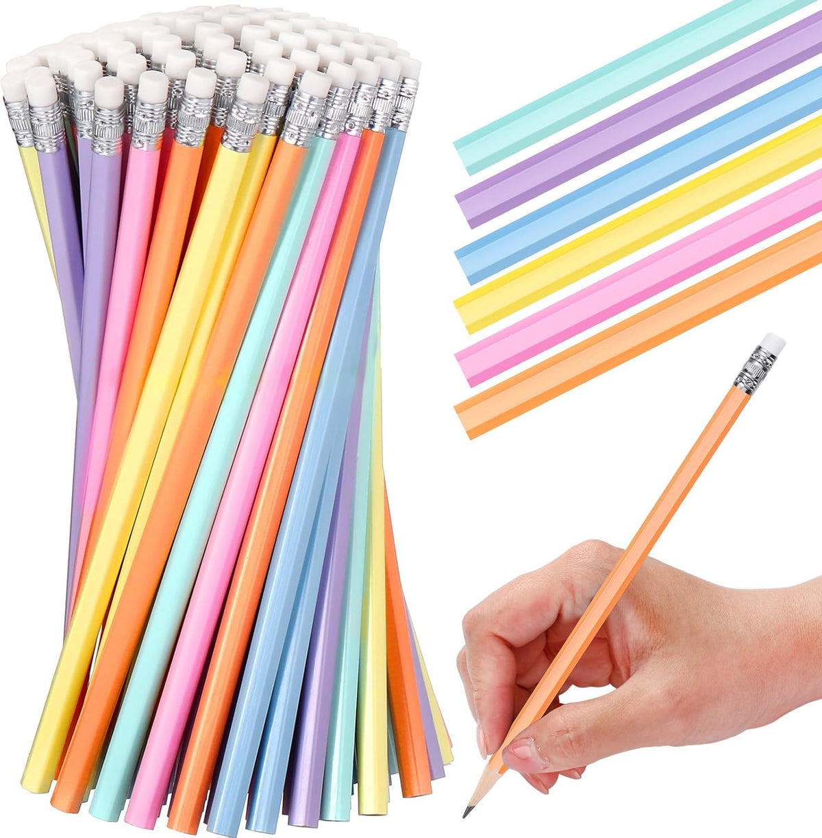 TecUnite 60 Pcs HB Pencils #2 Unsharpened Wood Cased Pencils with Eraser Hexagonal Pencil Cute Graphite No 2 Pen for Adults Gifts Exam School Office Sketching Learning(Macaron Color, Silver)