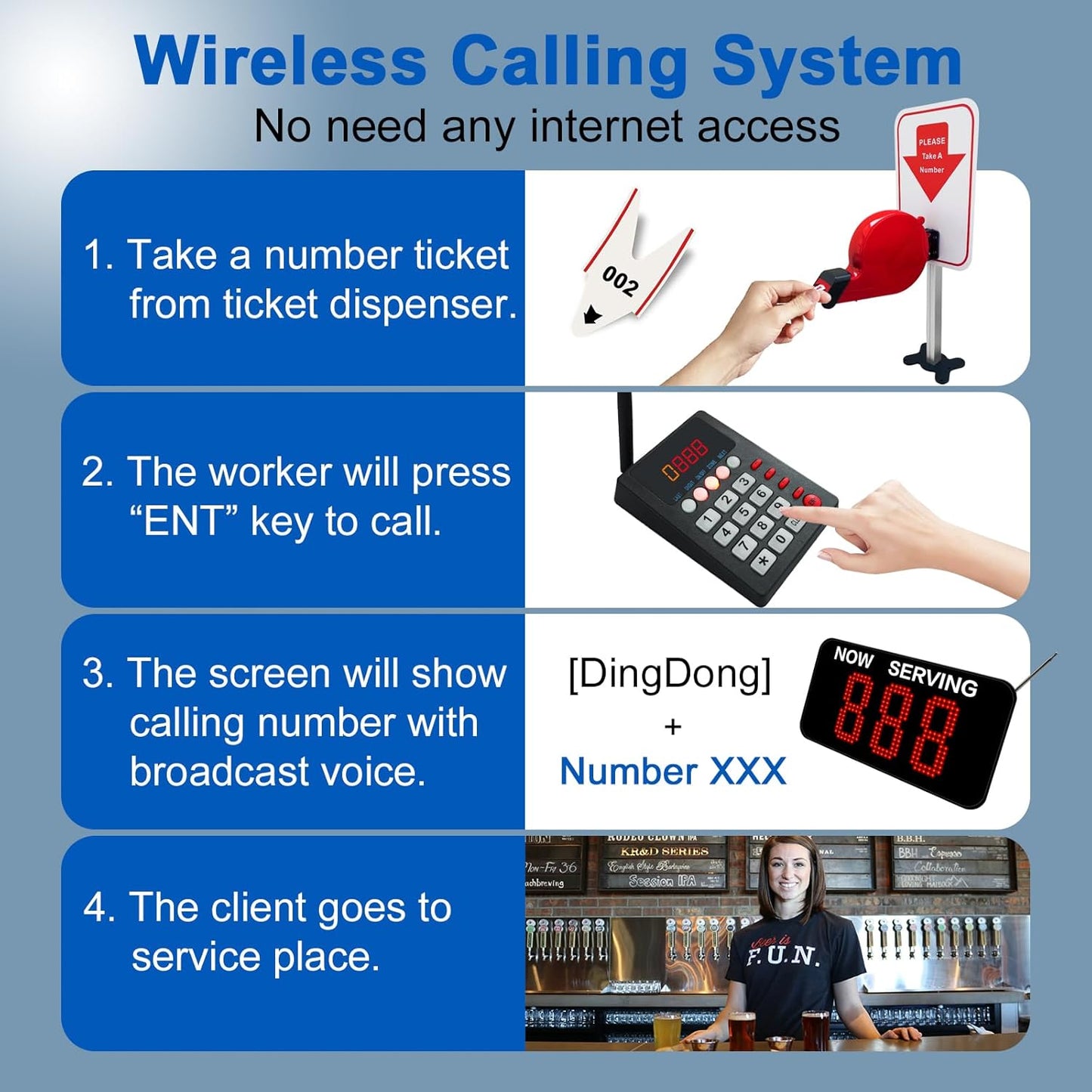 Take a Number System Waiting Number System with Ticket Dispenser 3 Digit Number Ticket Roll for Medical Clinic Restaurant Hospital Bank Queue Call for Haunted House(1 Keypad 1 Display 1 Ticket Dispenser)