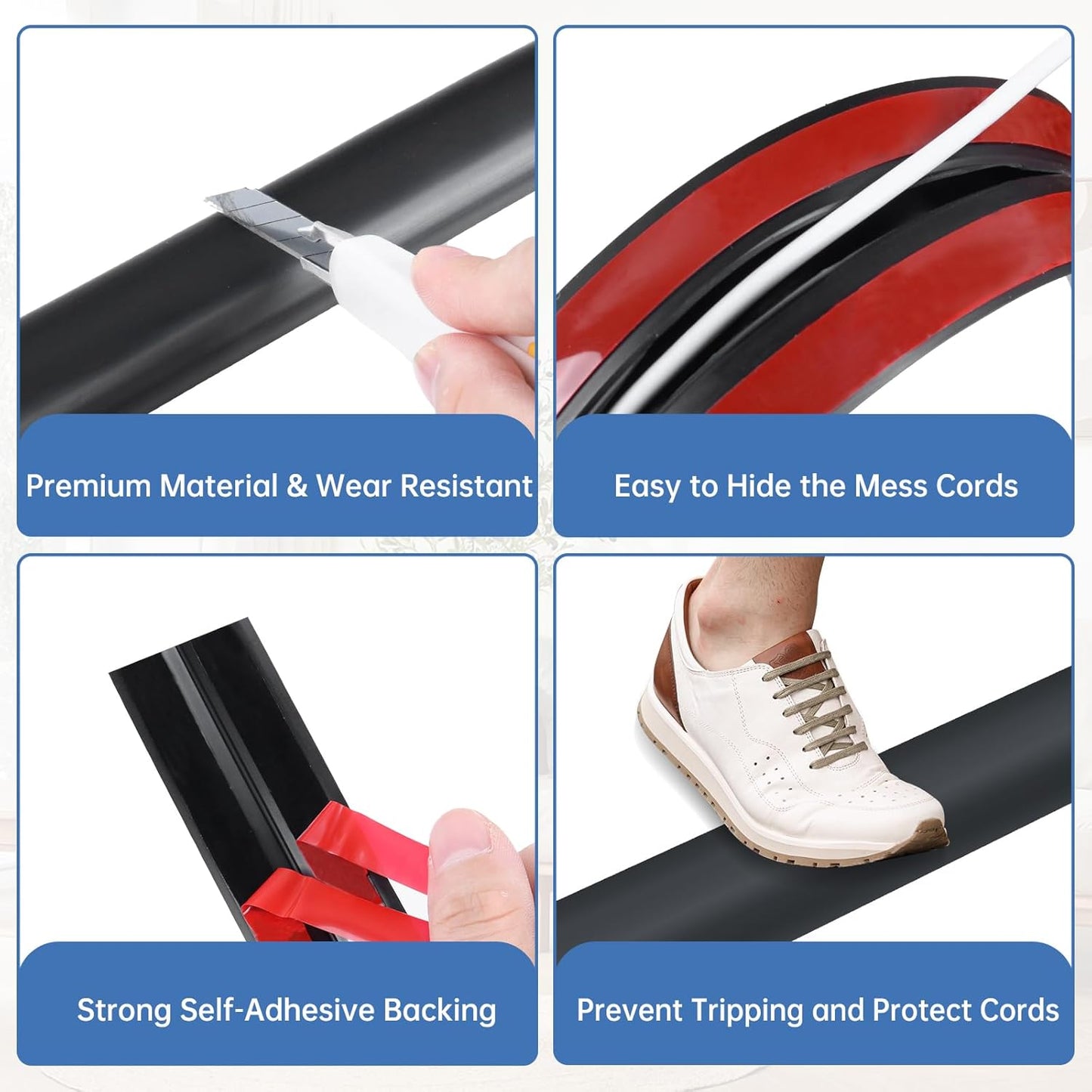 Floor Cord Cover Self Adhesive Cord Hider Floor Extension Cord Covers for Floor Power Cord Protector Cable Management Prevent Cable Trips Cable Cavity 0.47" W x 0.27" H (Black, 10Ft)