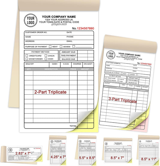 Custom Invoices Receipt Book for Small Business Personalized 2-Part Duplicate Carbonless Logo Receipt Books Sales Payment Forms with Company Name Address Phone Number 100 Sets5.5" x 8.5"