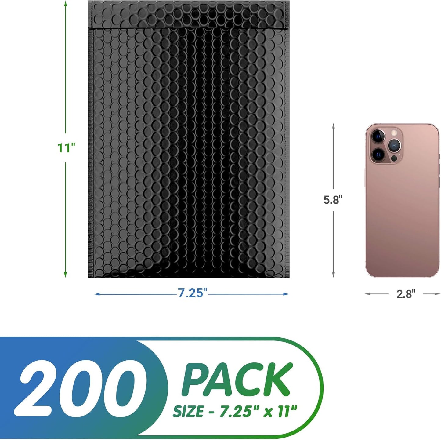 Matte Black Poly Bubble Mailers Self Seal, 7.25 x 11 Inch. Pack of 200 Bubble Packaging Envelopes for Shipping. Durable Padded Envelopes Waterproof. Self Seal Padded Mailers. Shipping Packages