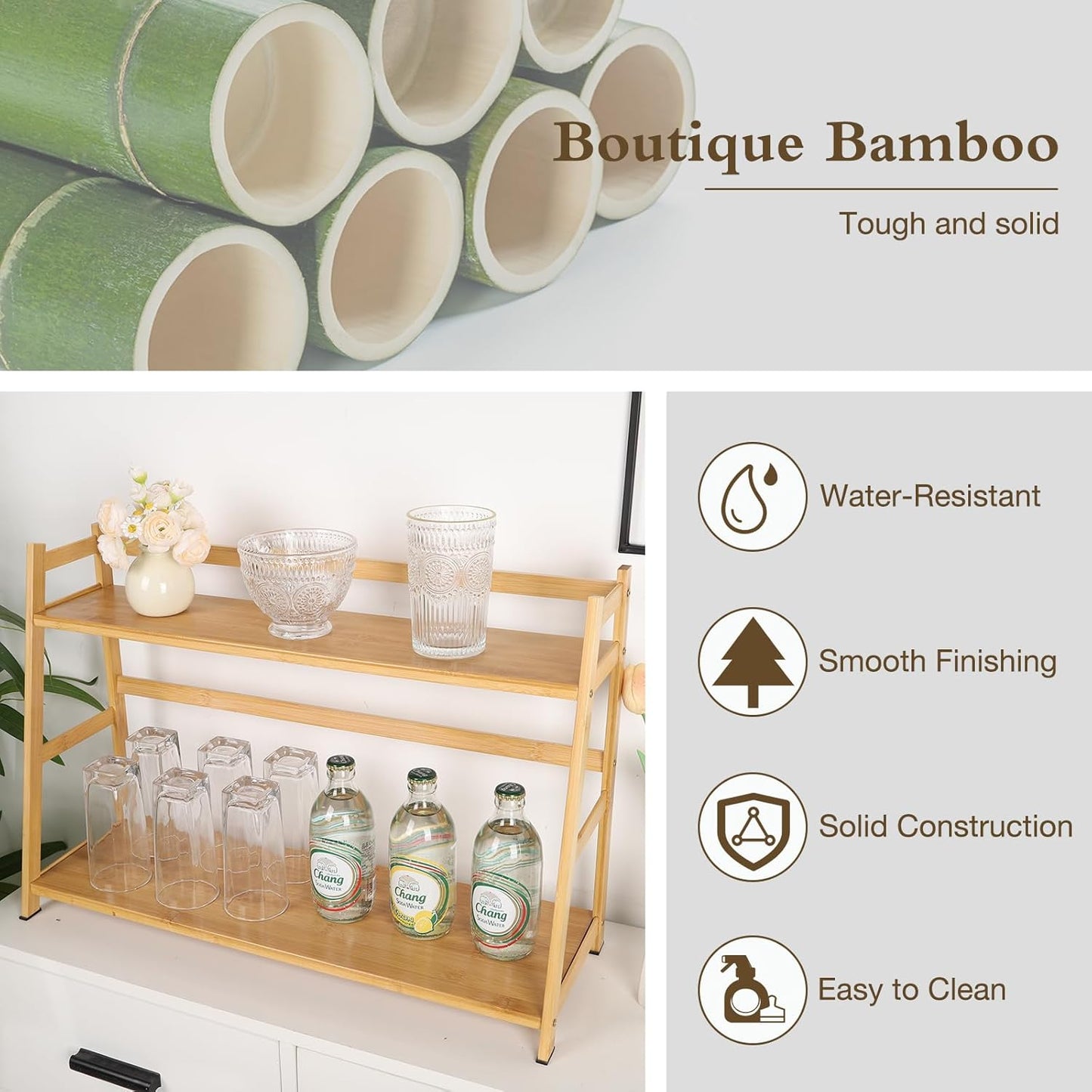 Countertop Organizer Bamboo Spice Rack 2-Tier Desktop Bookshelf Wooden Storage Stand for Kitchen, Office and Dorm, Desk Organizer for Books and Decor (Large)