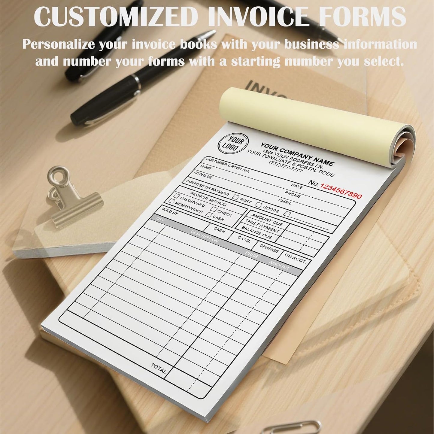 Custom 5.5" x 8.5" Invoices Receipts Carbonless Books in 2-Part Duplicate Personalized Company Address Name Phone Number 100 Sets