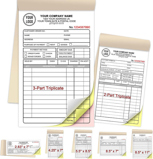 Custom Invoices Receipt Book for Small Business Personalized 3-Part Duplicate Carbonless Logo Receipt Books Sales Payment Forms with Company Name Address Phone Number 100 Sets 4.25" x 7"