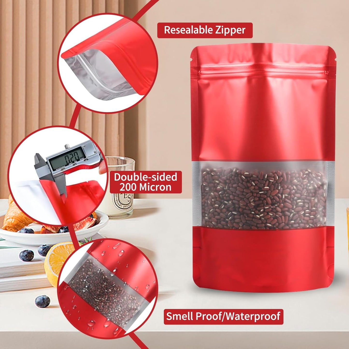 100 Pack Smell Proof Bags, Resealable Red Mylar Bags with Matte Window, Foil Pouch Stand Up Sealable Bags for Packaging, 4.72 × 7.87 Inch