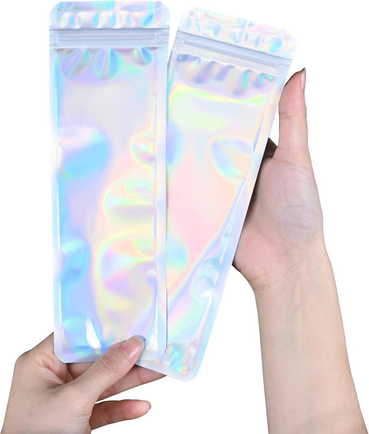 Resealable Mylar Pouch Pen Bags Great for Office Home Party Favor Food Storage Cookies Sample Jewelry Snack (100PCS, Holographic Color, 2.7 x 9 inch)