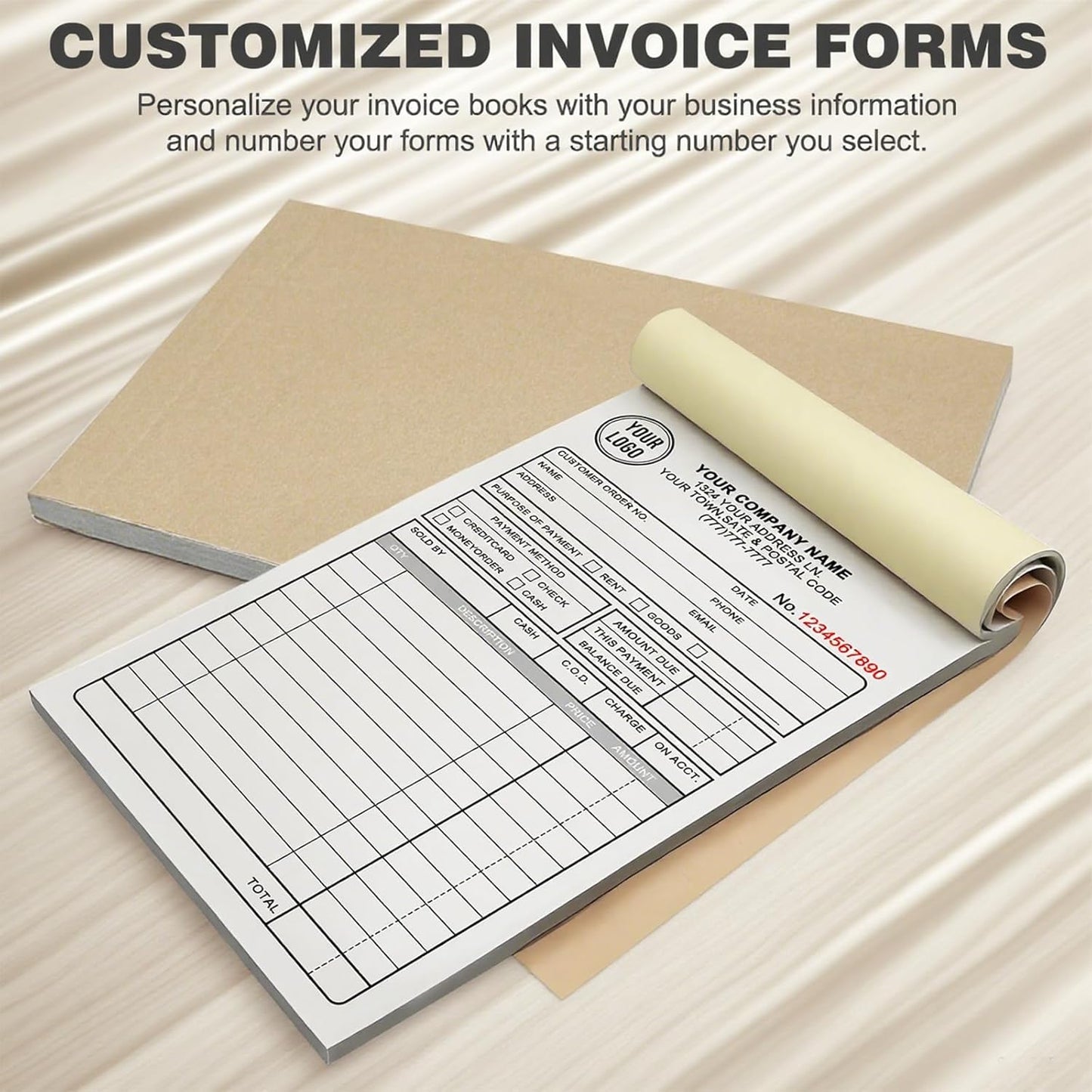 Custom Sales Invoice Personalized Carbonless NCR Forms with Company Name/Logo Personalized Invoice, Receipt Book, Work Sales Purchase Orders, Estimates, Quote Forms 5.5" x 8.5" - 2 Part(100 Sets)
