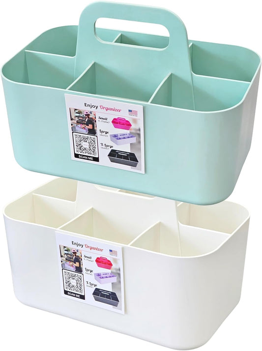 2 Pack Small 6 Compartment Multiuse Caddy Organizer with Handle Art Craft Supplies, Office, Desk, Stationery Pen Holder Stackable- Made In USA (Mint/Ivory)