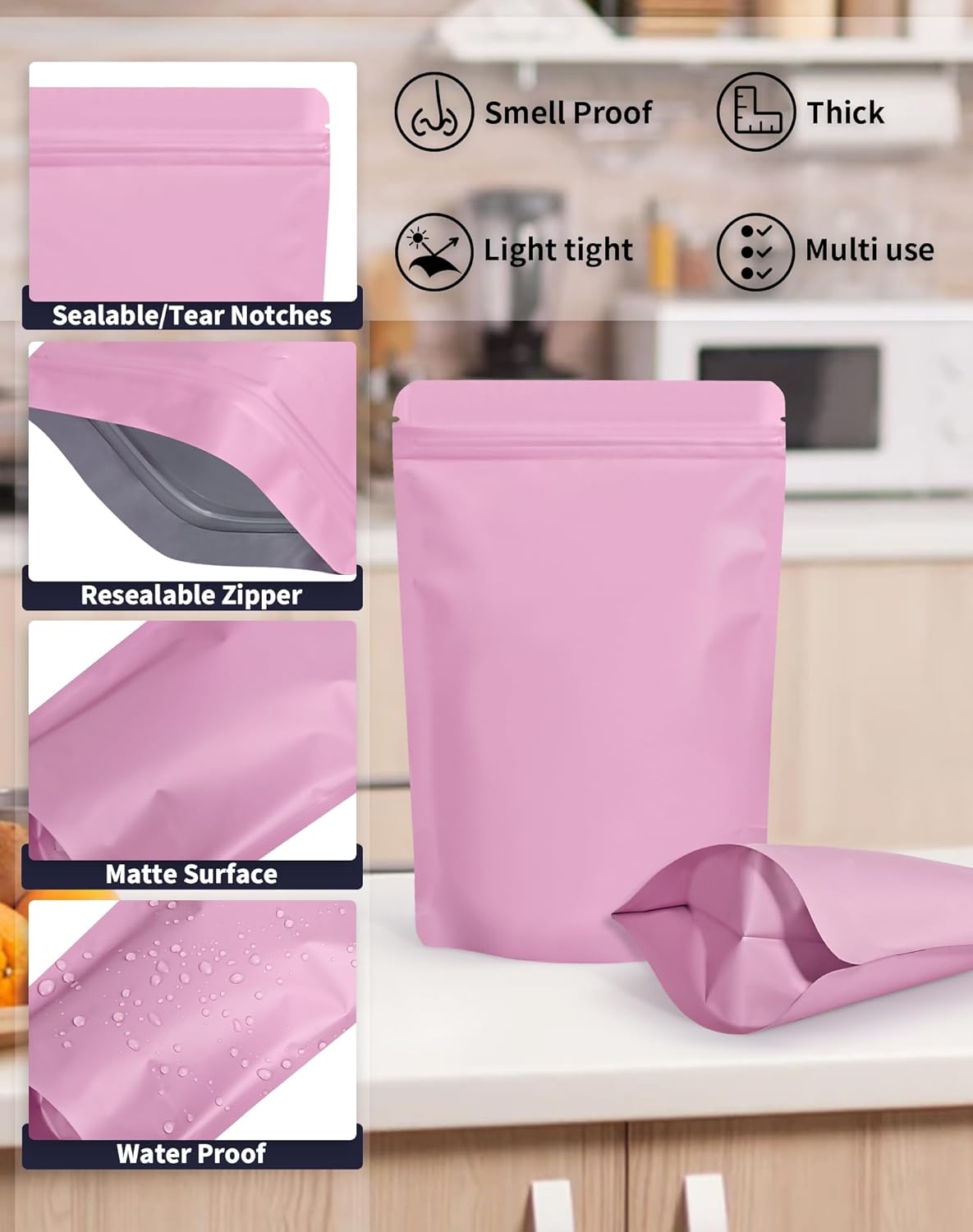 100 Pack Resealable Stand Up Bags,7.9" x 11.8" Smell Proof Pouch Sealable Foil Pouch Bags for Packaging (Pink)