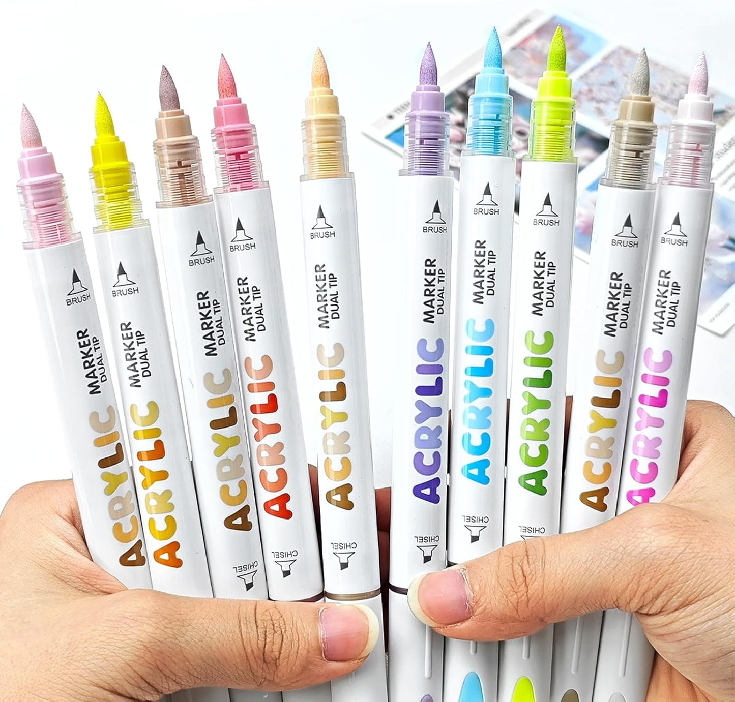kander 12 Colors Dual Tip Acrylic Paint Markers, Yellow Orange Color — Extra Fine & Soft Brush Pen Set with Direct Ink Flow for Sketching, Detailing, Coloring on Wood, Canvas, Rock, Glass, DIY Crafts