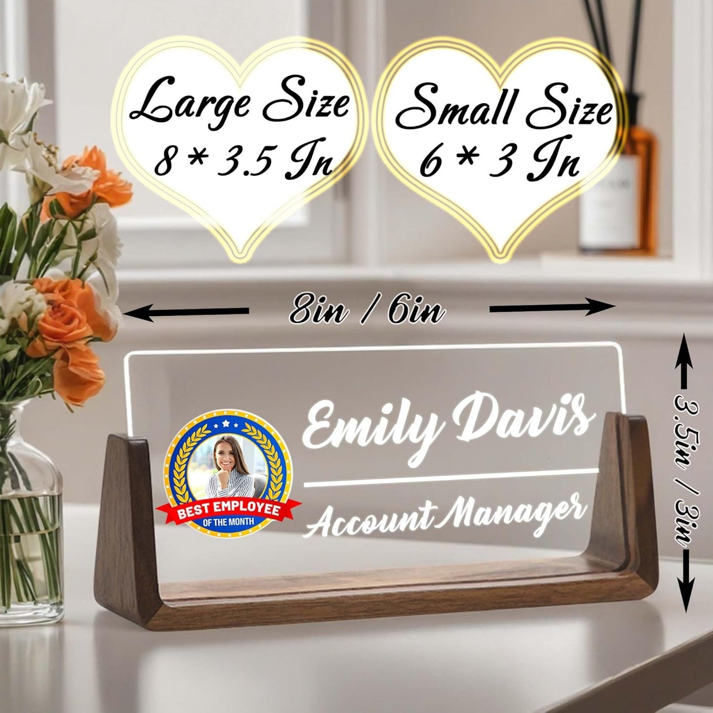 Personalized Desk Name Plate with LED Light & Wooden Base, Custom Acrylic Name Sign | Custom Office Decor & Appreciation Gifts for Boss Coworkers, New Job Promotion Gift (Style 3)