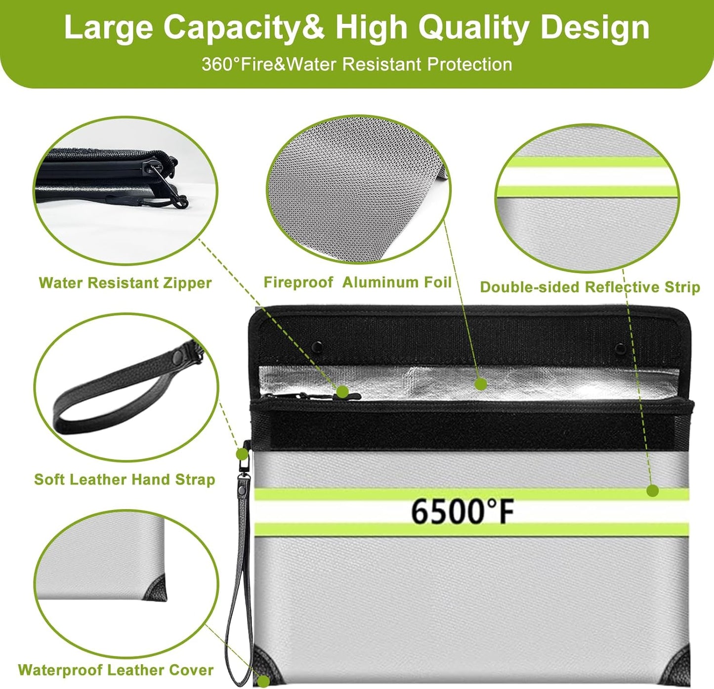2025 Upgraded Fireproof Document Bag with Lock, 6500°F Fireproof/Waterproof Money Bag with Zipper/Reflective Strip,Storage Pouch for A4 Letter Size Document,Cash,Cell Phone,Passport