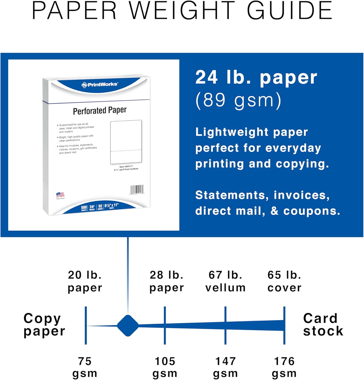 PrintWorks Professional 3 1/4" Horizontal Perforated Paper 8.5” x 11” - Perfect For W-2, 1099, & Statement Use - Made in the USA - 500 Sheets - 24 lb - Printer Compatible - White (04117)