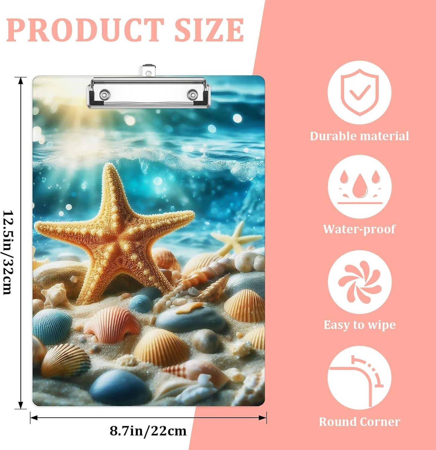 Beach Shell Starfish Plastic Clipboards,Cute Fashion Clipboard Decorative 8.5" x 12.5"Standard A4 Size Clipboards,Acrylic Clipboard for Teacher,Social Worker,Students,Nurse,Office Supplies