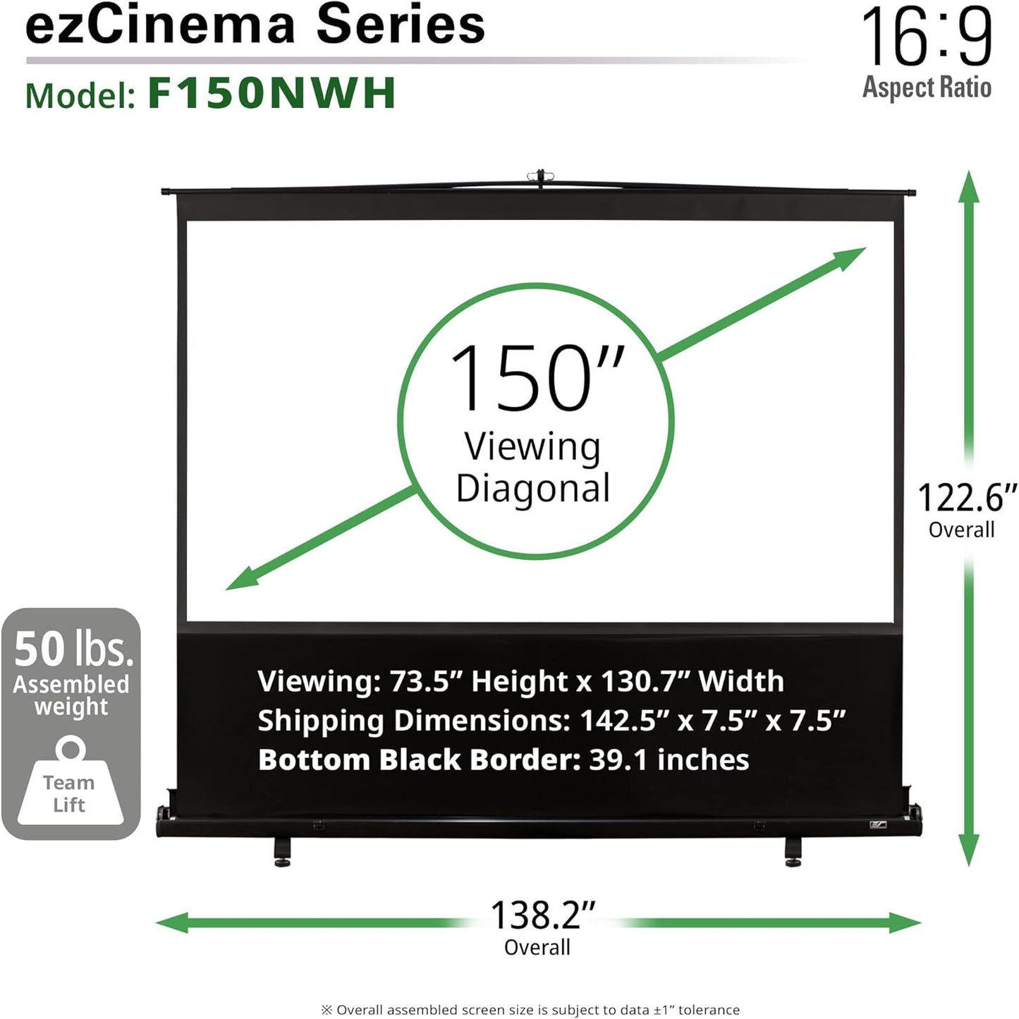 Elite Screens ezCinema Series, 150-INCH 16:9, Manual Pull Up Projector Screen, Movie Home Theater 8K / 4K Ultra HD 3D Ready, 2-YEAR WARRANTY, F150NWH