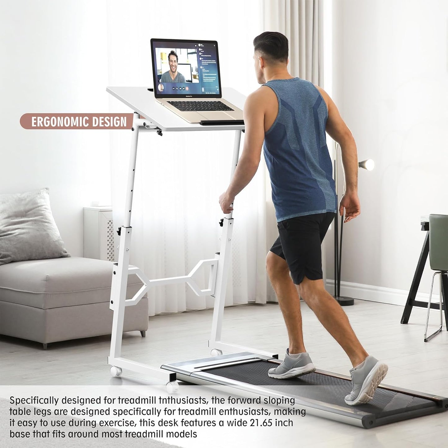 Small Standing Desk with Wheels, Portable Treadmill Desk, Rolling Desk Adjustable Height for Laptop, Mobile Standing Table for Walking Pad, Bedside Table