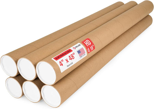 4" x 48" Heavy-Duty Reinforced Cardboard Mailing Tube, Pack of 6 Tubes with 12 Caps – Secure USPS Approved – Great for Shipping and Storing of Prints, Artwork, Posters or Documents
