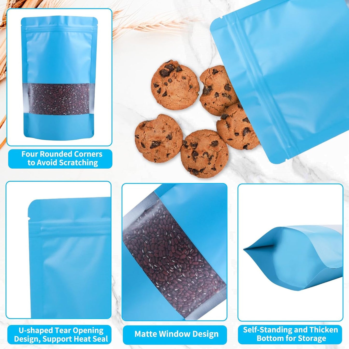100 Pack Smell Proof Bags, Resealable Blue Mylar Bags with Matte Window, Foil Pouch Stand Up Sealable Bags for Packaging, 5.51 × 7.87 Inch