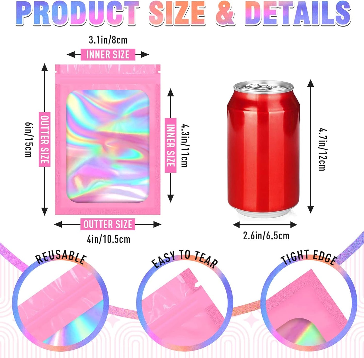 Mylar Bags, 100 PCS Pink Packaging Bags, Small Bag Smell Proof Bag with Clear Window (4x6 Inch)