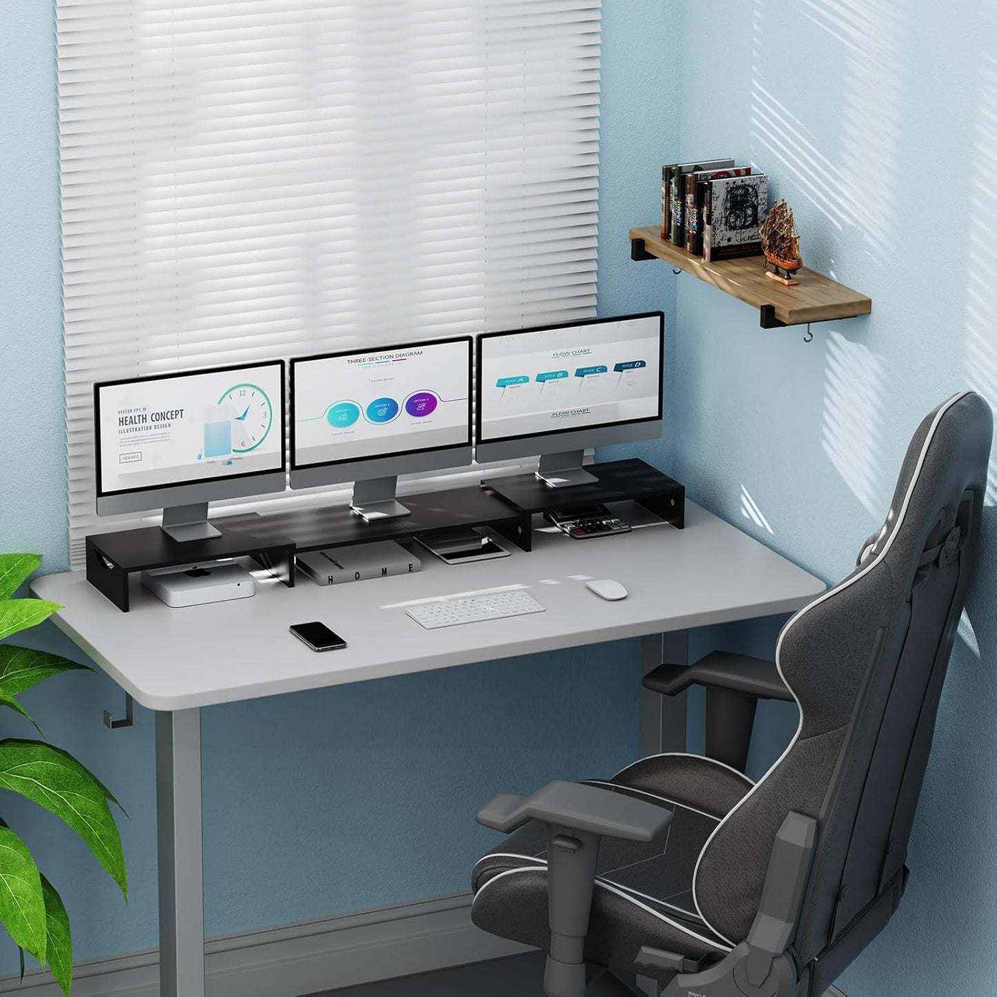 Triple Monitor Stand Riser, Extra Long Monitor Riser for 1~2~3 Monitors, Dual Monitor Stand with Length and Angle Adjustable, 3 Shelf Monitor Stand for Desk