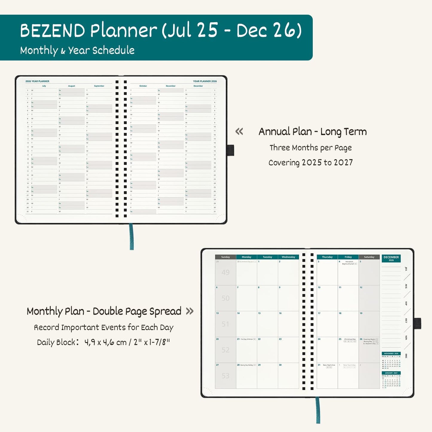 BEZEND Weekly Planner 2025-2026 with 2 Columns, 8.5" x 11" Academic Calendar 18 Months (Jul 25-Dec 26) Life Work Appointment Book with Monthly Tab, PU Leather Softcover Spiral - Dutch Blue