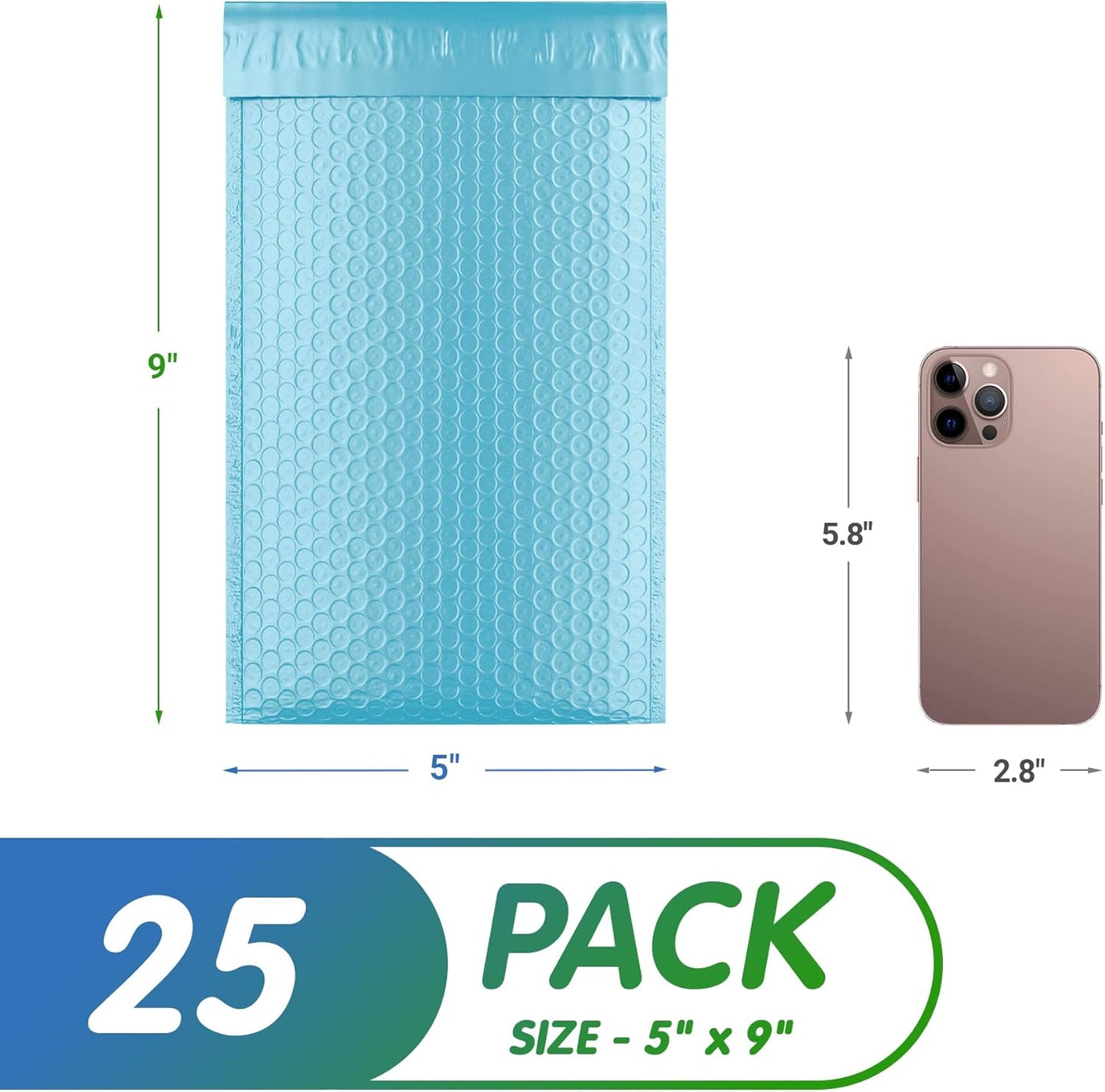 Light Blue Poly Bubble Mailers Self Seal, 5 x 9 Inch. Pack of 25 Bubble Packaging Envelopes for Shipping. Durable Padded Envelopes Waterproof. Self Seal Padded Mailers. Shipping Packages