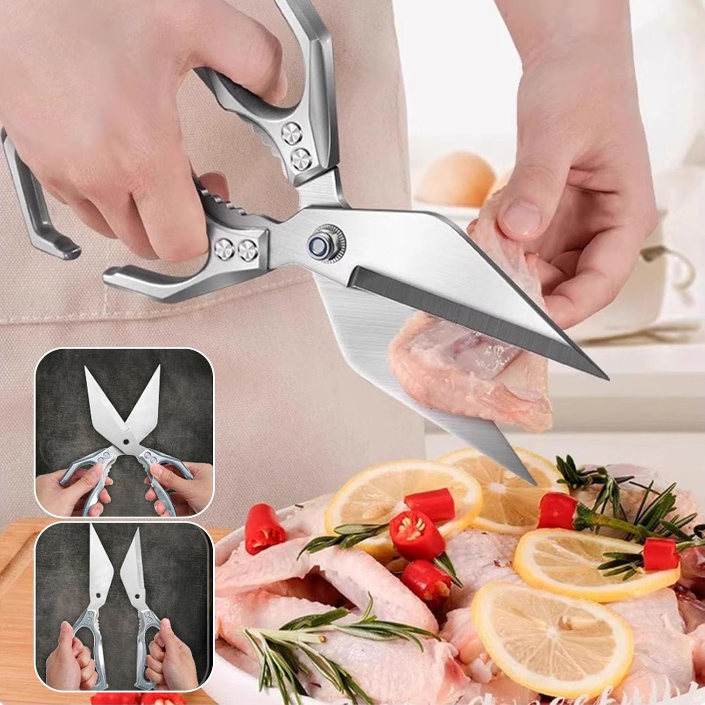 Multifunctional Heavy-Duty Kitchen Shears, Heavy Duty Kitchen Scissors for Food with Ergonomic Handle, High-Carbon Steel Culinary Shears for Chicken, Meat, Seafood, Bone Cutting (Red)