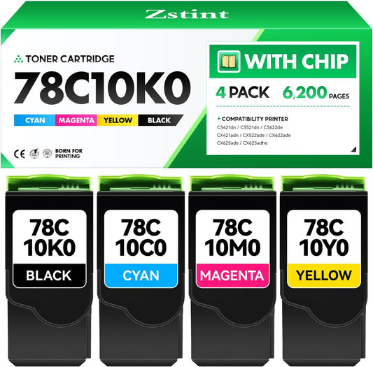 78C10K0 78C10C0 78C10M0 78C10Y0 Toner Cartridge Set 4-Pack Black Magenta Yellow Cyan High Yield With Chip Replacement Compatible for Lexmark CS421 CX522 CX421 CS521 CX521 CS522 CX622 CX625 Printer Ink