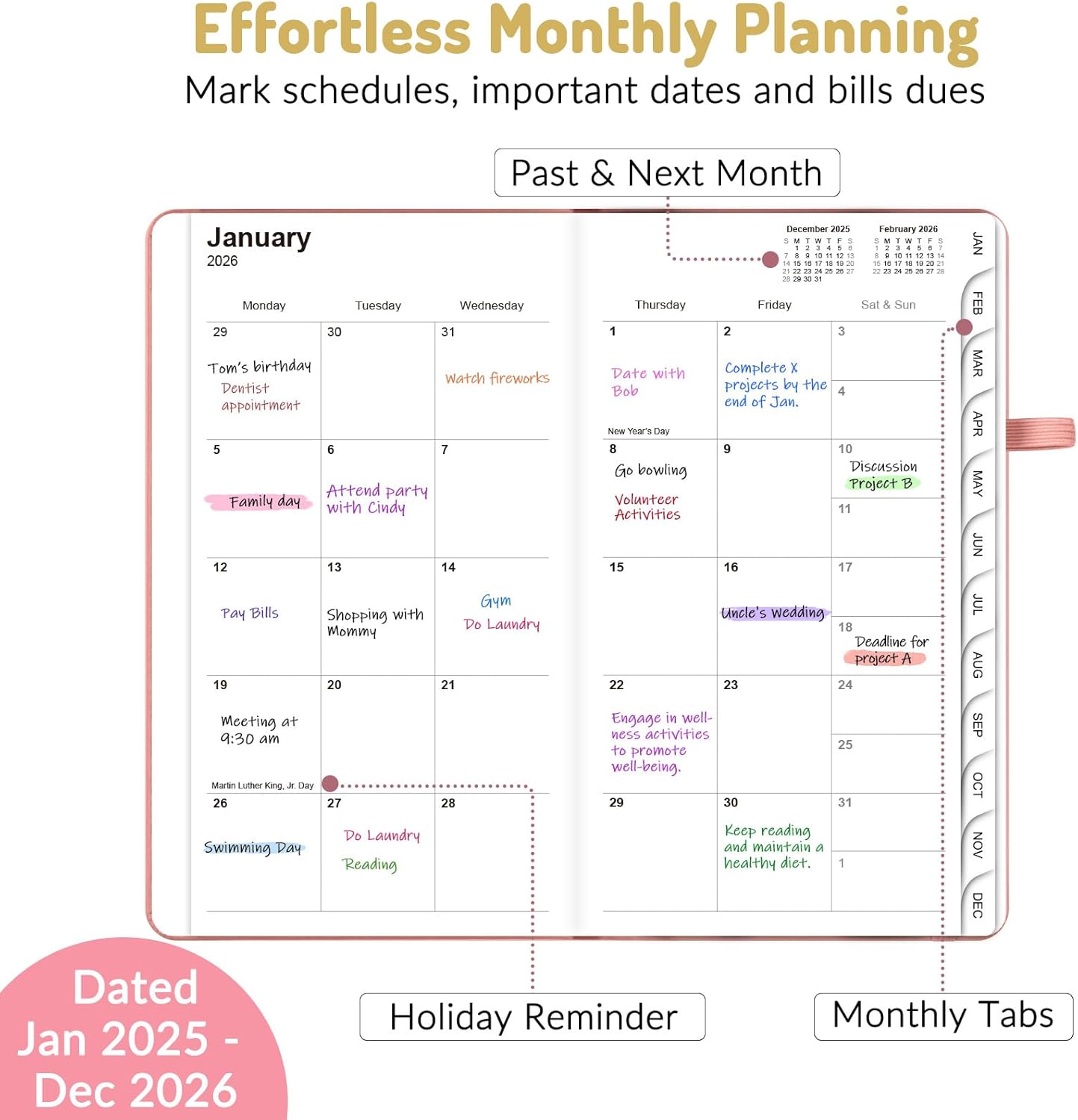 Forvencer Pocket Planner 2026, Weekly Monthly Planners with Month Tabs for Purse, 3.5" x 6", Jan 2025-Dec 2026, Cute Small Daily Academic Calendar, Elastic Band, Hardcover Agenda for Women, Teacher