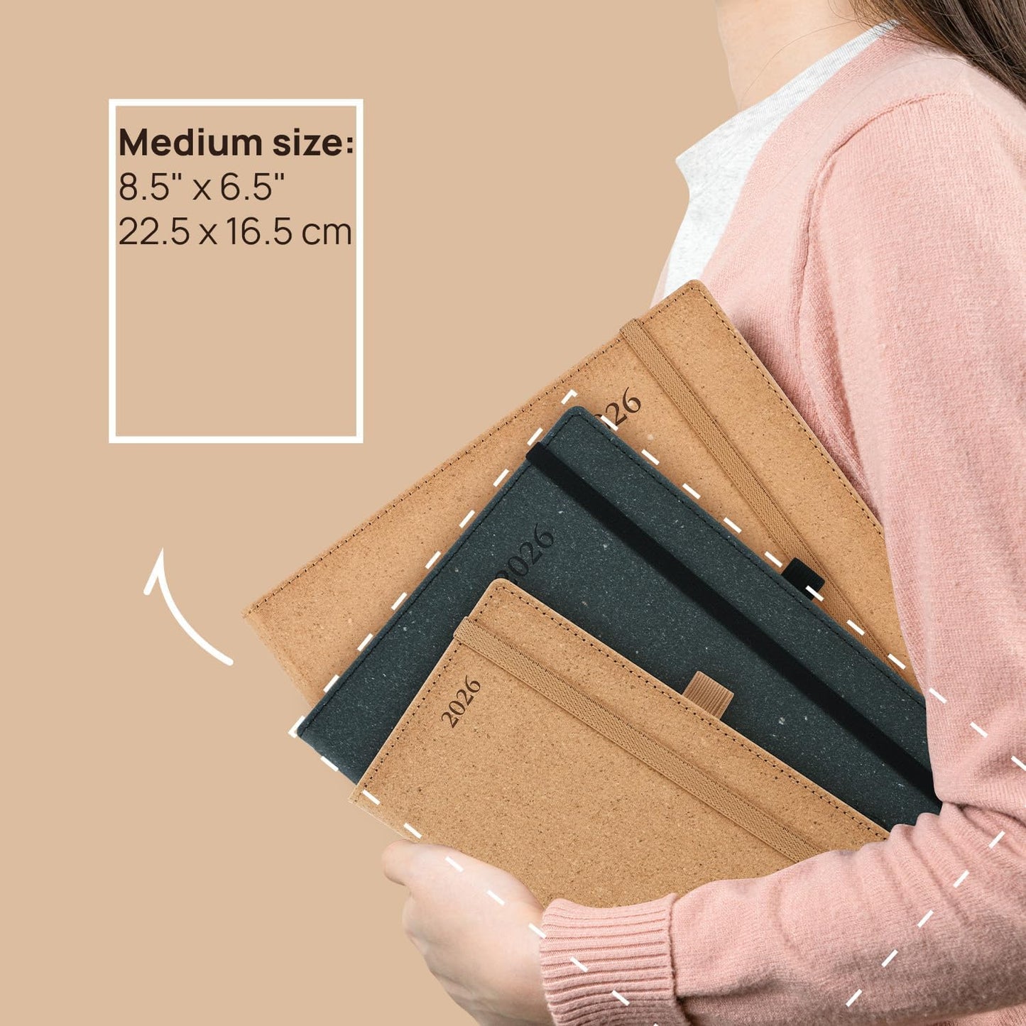 POPRUN 2026 Planner - 2026 Recycled Weekly Planner[6.5''x 8.5''- Italian Regenrated Leather Hard Cover] with Hourly Schedule & Vertical Weekly Layout, Monthly Tabs, Inner Pocket - Black Grey