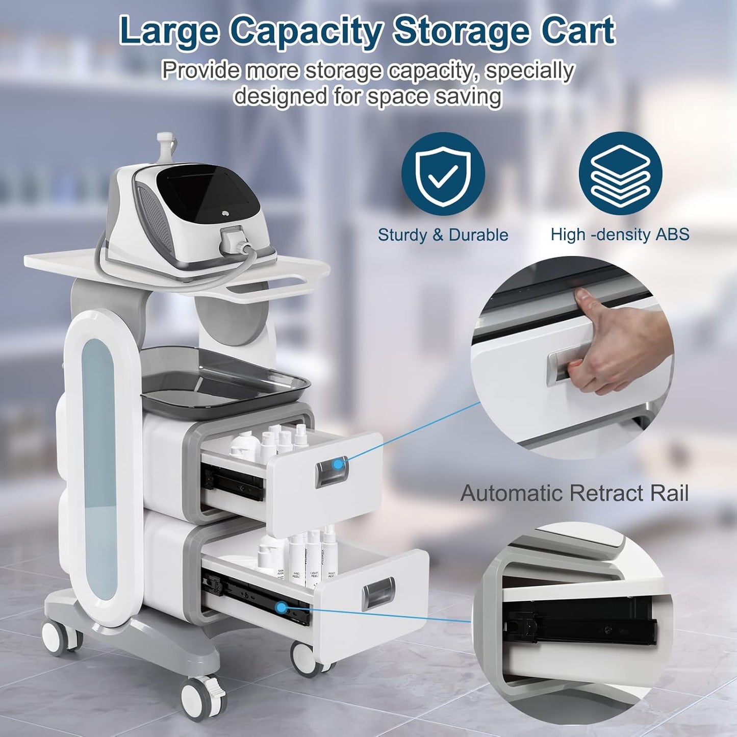 Mobile Medical Trolley Cart 130 Lbs Load Portable Professional for Ultrasound Imaging Scanner Vehicle Beauty Storage Cart with Drawers Tool Tray Wheels for Home Hospital Office Medical Clinic