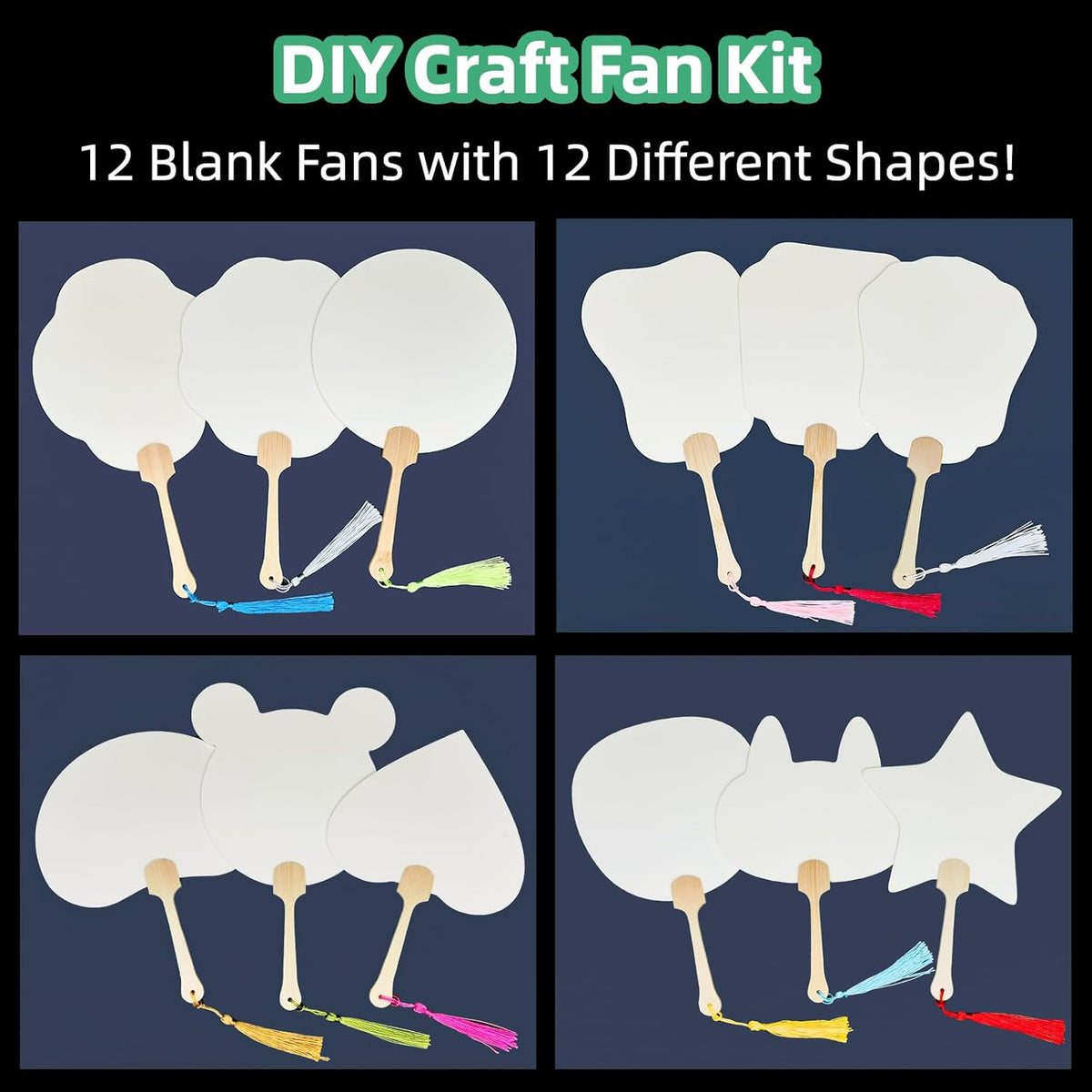 12-Pack DIY Craft Fan Blanks for Mixed Media Art, Resin & Acrylics - Dual-Sided Xuan Paper with PVC Core, Gift-Ready with Silk Tassels - Wedding Décor, Hanfu Styling, Cultural Gifting