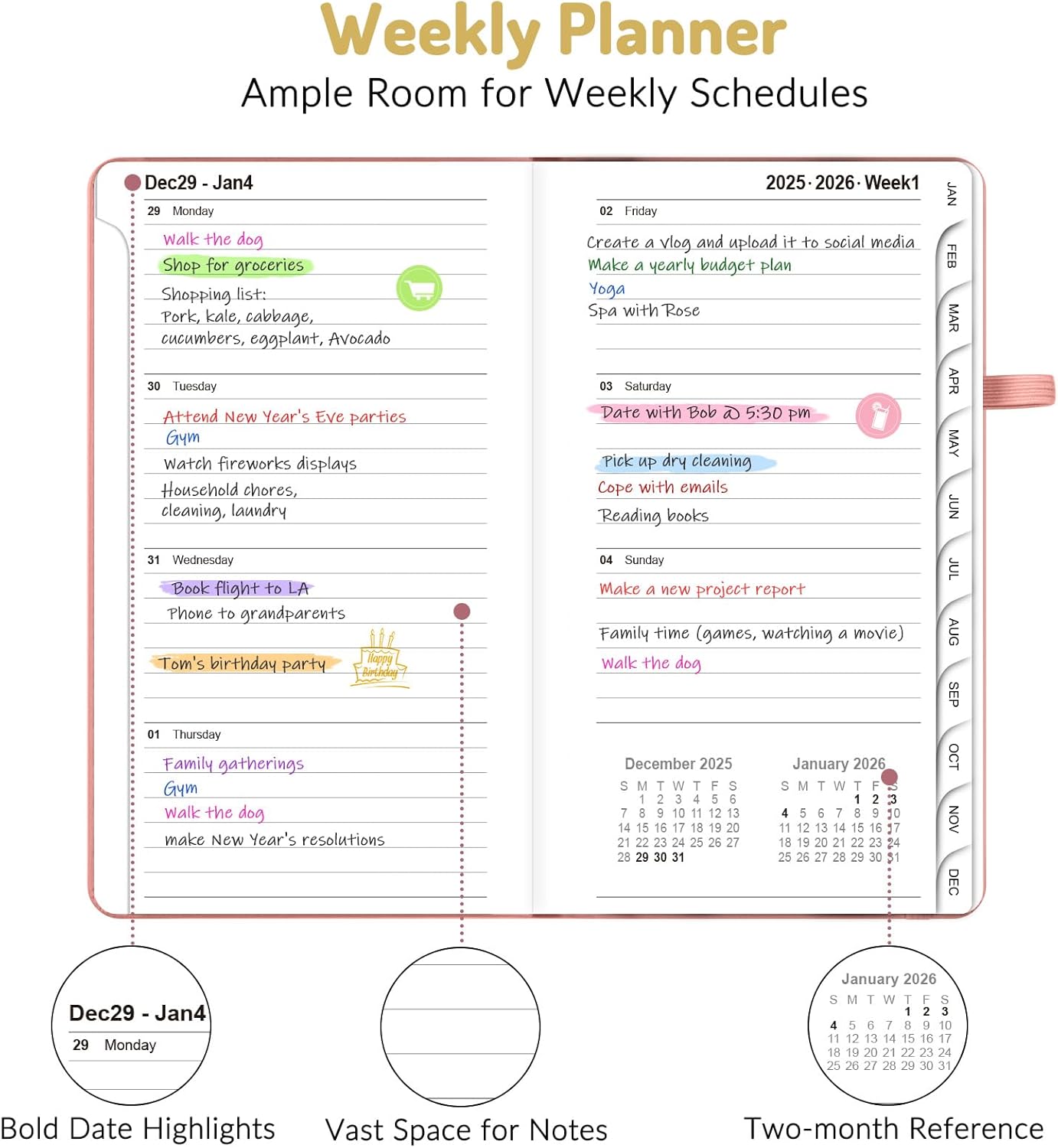 Forvencer Pocket Planner 2026, Weekly Monthly Planners with Month Tabs for Purse, 3.5" x 6", Jan 2025-Dec 2026, Cute Small Daily Academic Calendar, Elastic Band, Hardcover Agenda for Women, Teacher