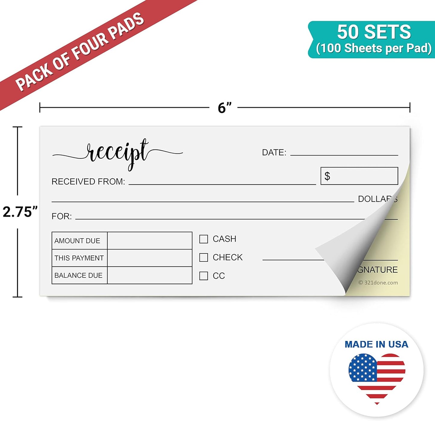 321Done Receipt Book 4-Pack, 2.75x6 Pocket Size 2-Part Carbonless, Made in USA, Cute Handheld Duplicate Copy Order Form for Craft Boutique Business (50 Sets) White/Yellow