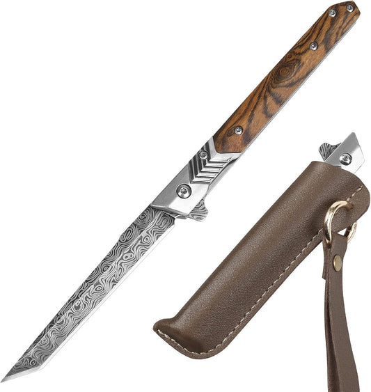 EDC Pocket Knife for Men, 3.7 inch Slim Folding Knife with Tanto Blade and Liner Lock, Unique Gentleman's Gift, Thin Cool Knives for Outdoor Camping, Pocket Sheath for Keychain Everyday Carry